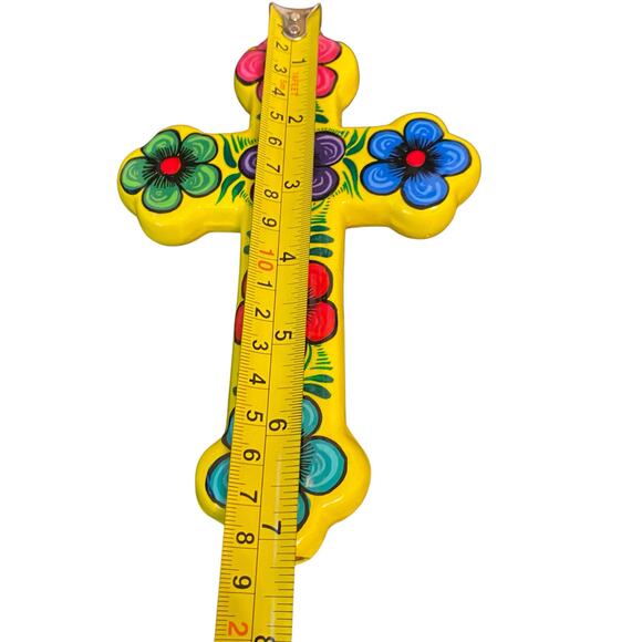 Ceramic CROSS Yellow Colorful High Gloss with Flowers Mexican Folk Wall Art 7" - Picture 10 of 11